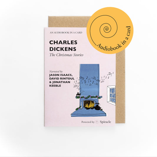 Audiobook packaging featuring Charles Dickens' 'The Christmas Stories' with a festive illustration on a white background.