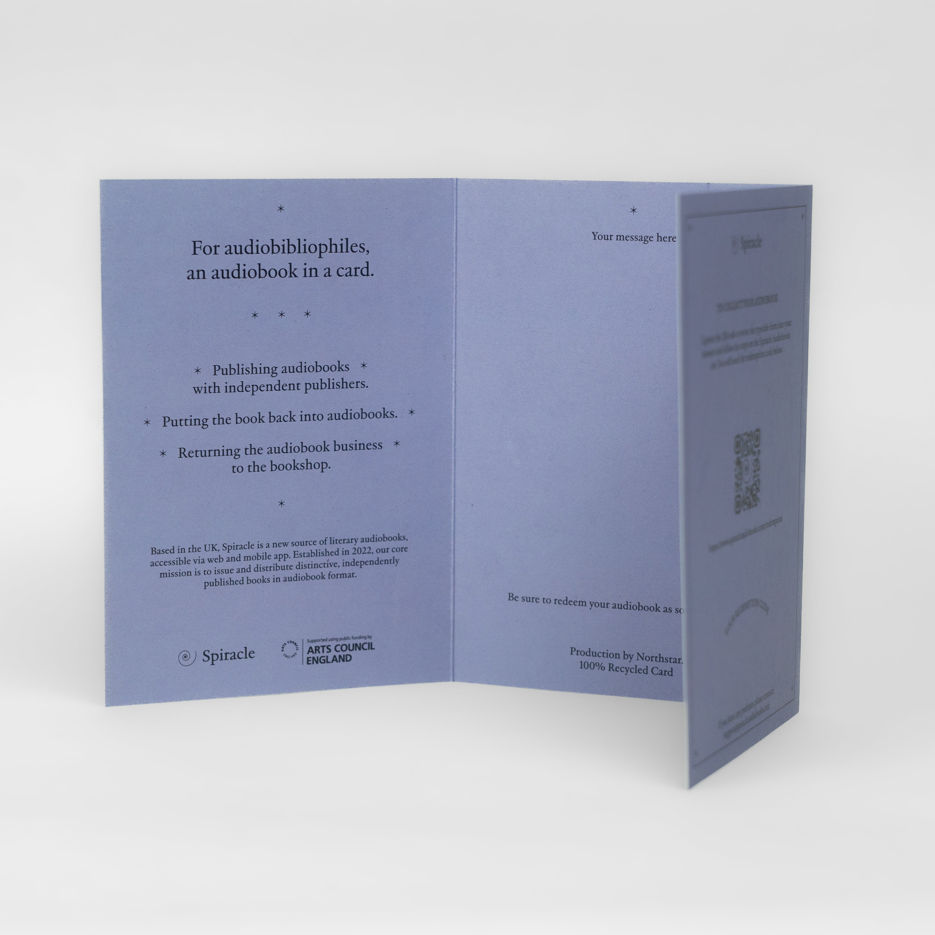 Open blue card with text on a white background