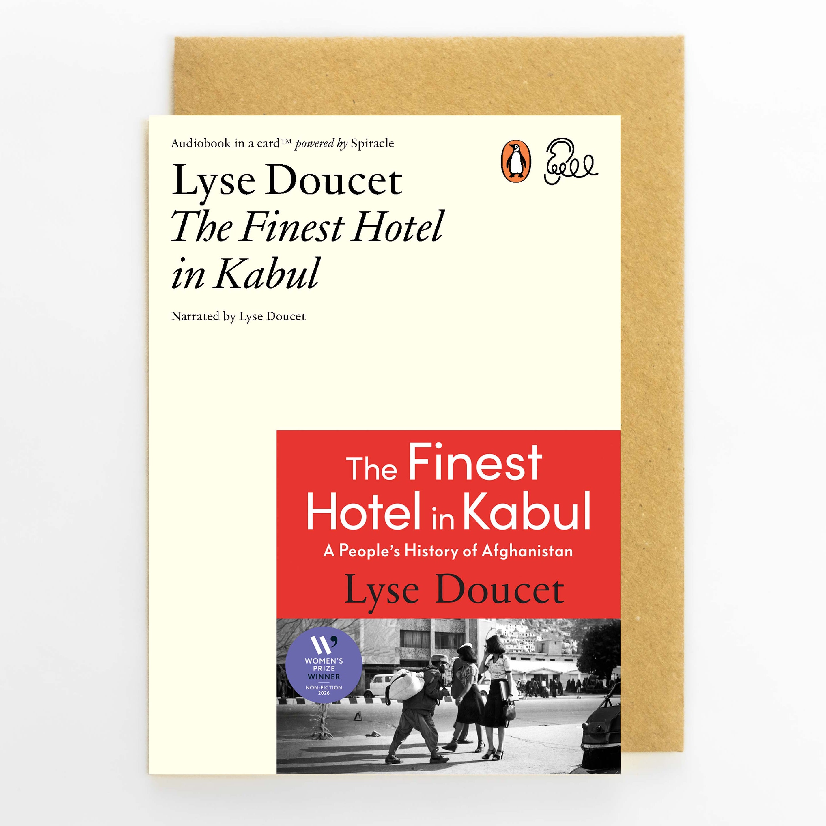 The Finest Hotel in Kabul audiobook book cover by Lyse Doucet, shown in front of a brown kraft envelope against a light gray background.