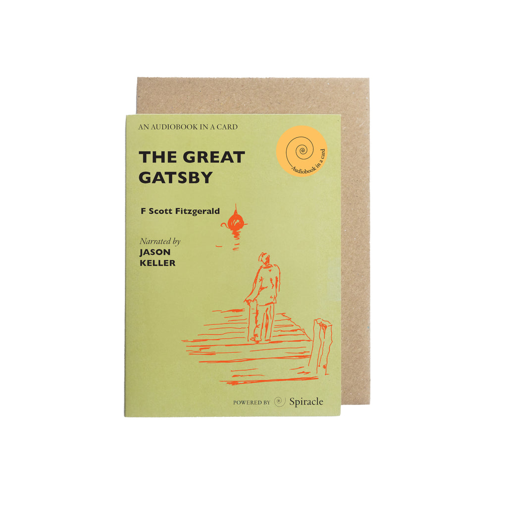 Audiobook in a card cover of 'The Great Gatsby' by F. Scott Fitzgerald with a stylized illustration on a white background.