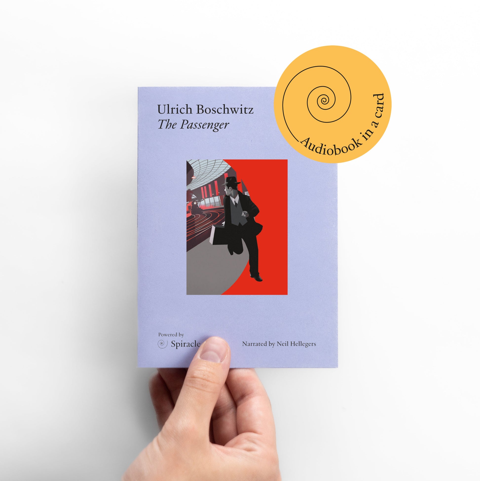 Hand holding a book titled 'The Passenger' by Ulrich Boschwitz with an audiobook label on a white background.