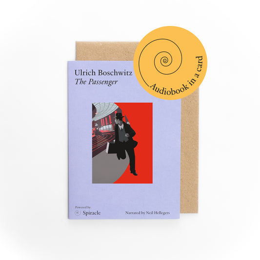 Audiobook card with cover and brown envelope on a white background