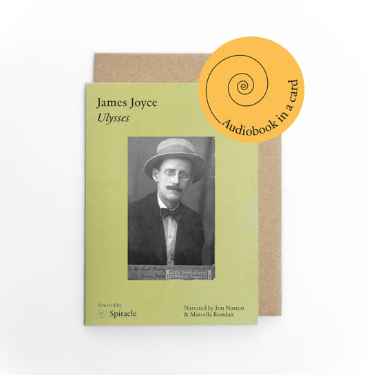 Audiobook packaging featuring a portrait of James Joyce on a white background