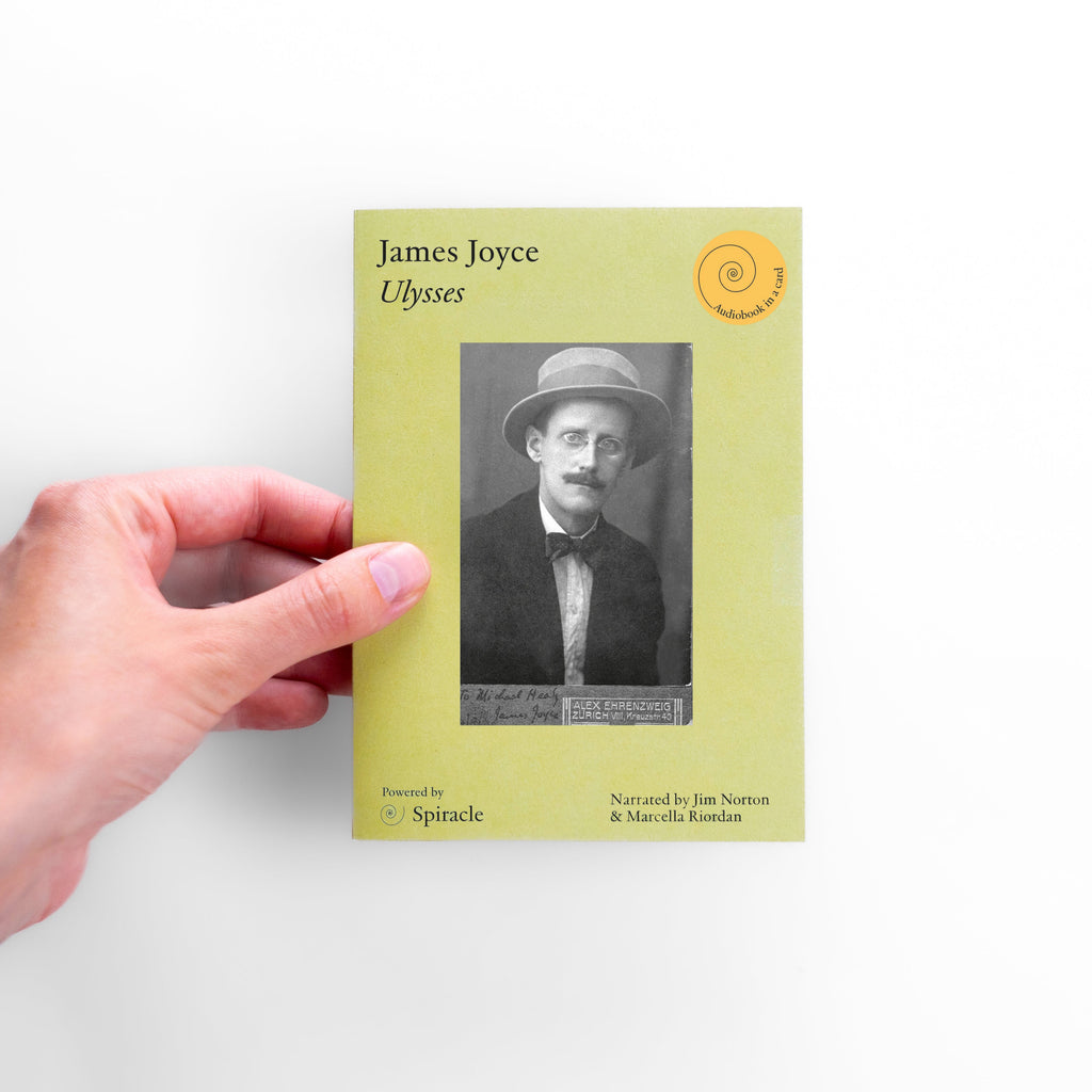 Hand holding a book titled 'Ulysses' by James Joyce on a white background